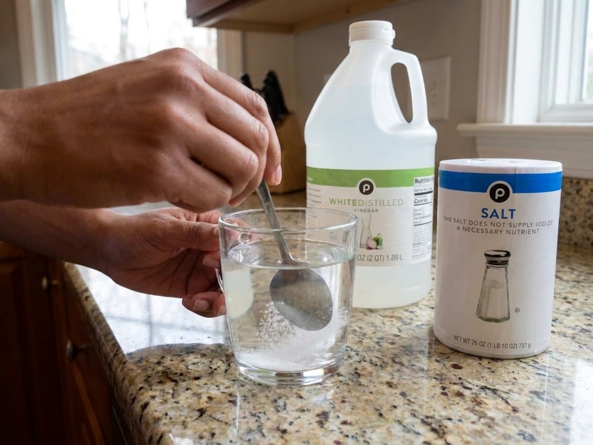 Hands stirring salt into a cup of vinegar with a spoon on a kitchen counter