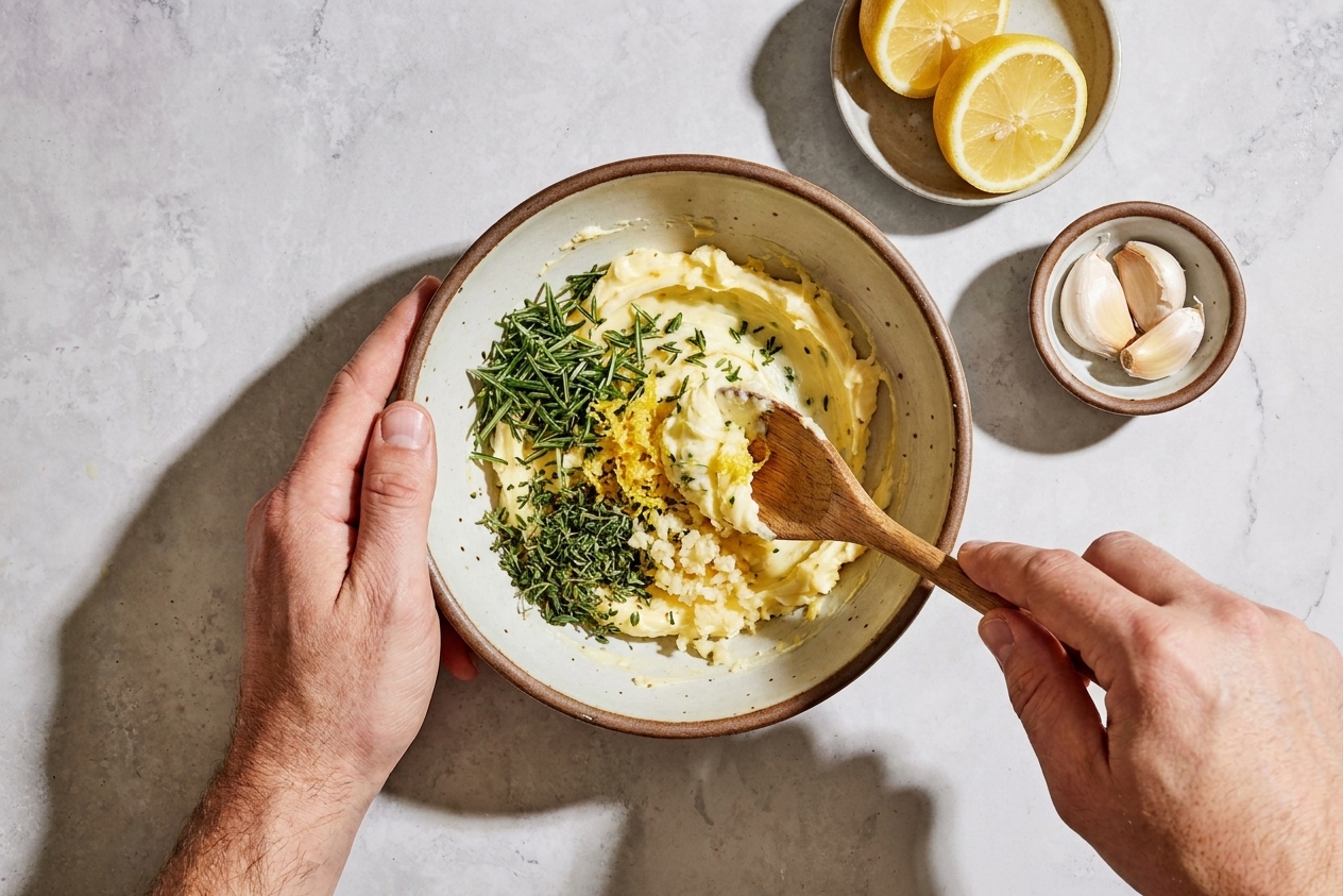 Hands stirring softened butter with chopped herbs, lemon zest, and garlic in a bowl on a kitchen counter