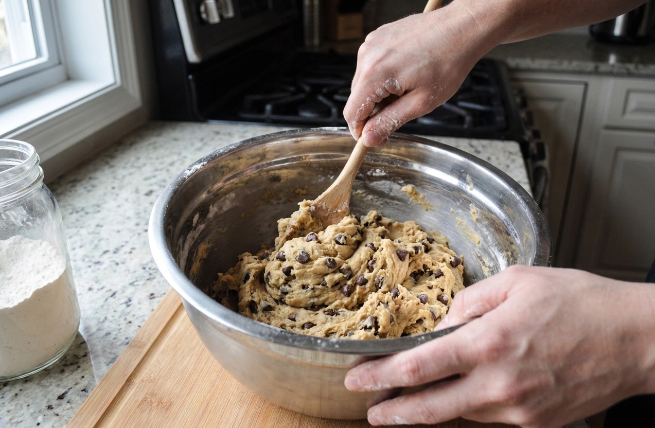 Hands stirring thick chocolate chip cookie bar dough in a large mixing bowl on a bright kitchen counter