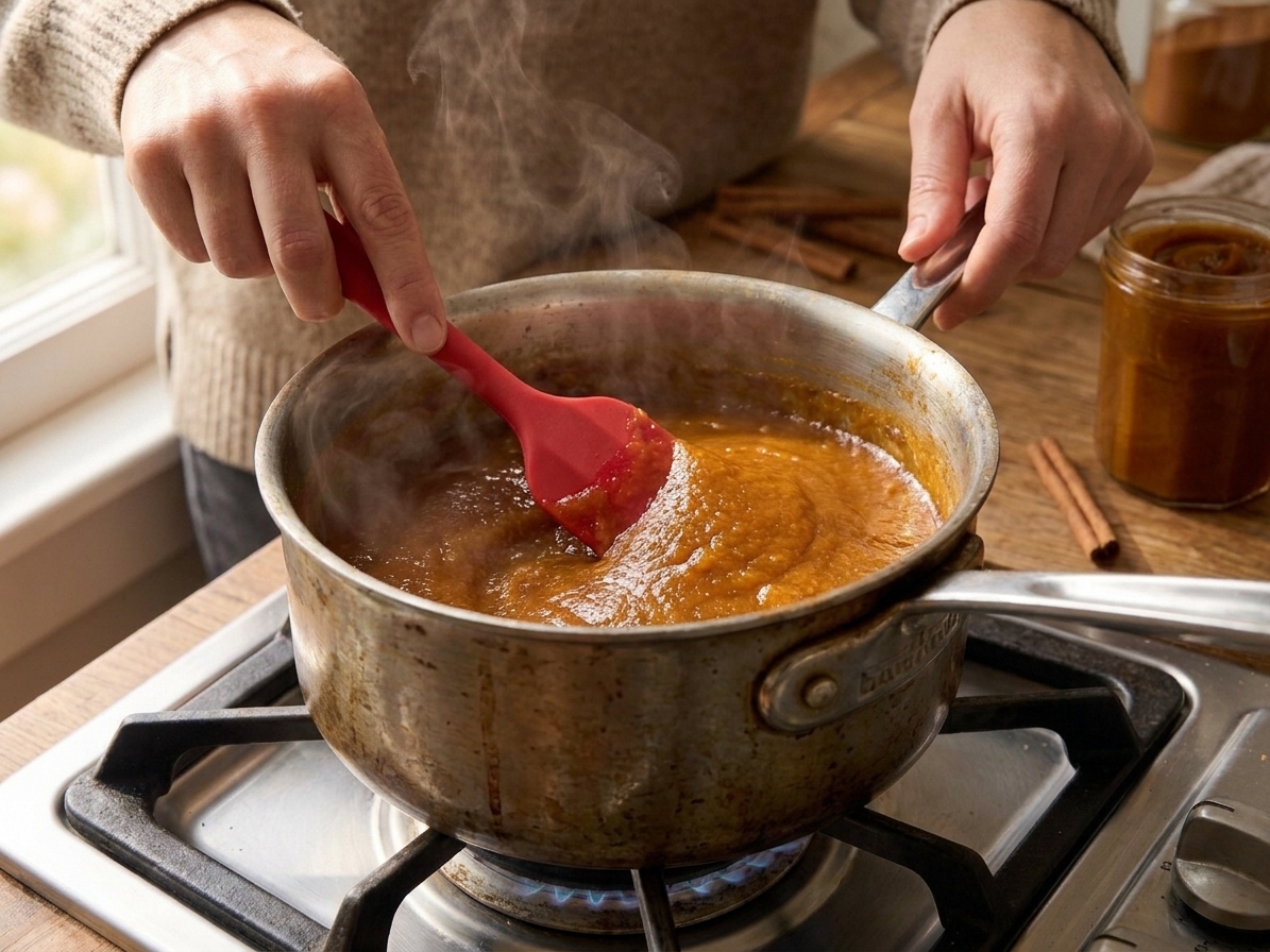 Hands stirring thick pumpkin butter in a saucepan with a silicone spatula on a home stovetop, showing a glossy orange mixture