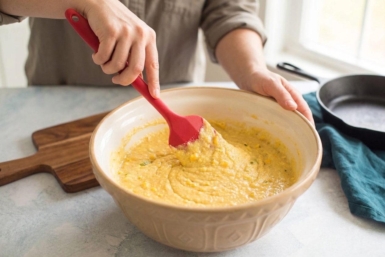 Hands stirring thick vegan cornbread batter in a large mixing bowl with a rubber spatula on a bright kitchen counter