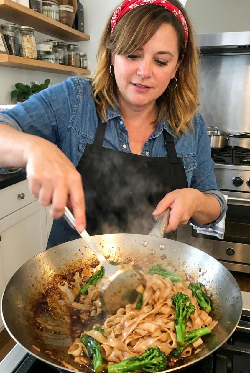 Hands stirring wide rice noodles in a hot wok with Chinese broccoli and sauce starting to caramelize