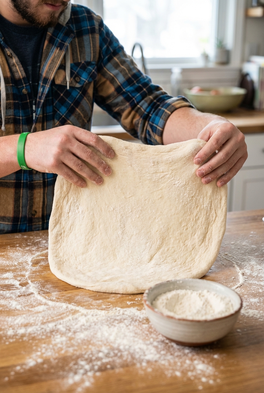 Hands stretching pizza dough into a round on a floured countertop with a small bowl of flour nearby