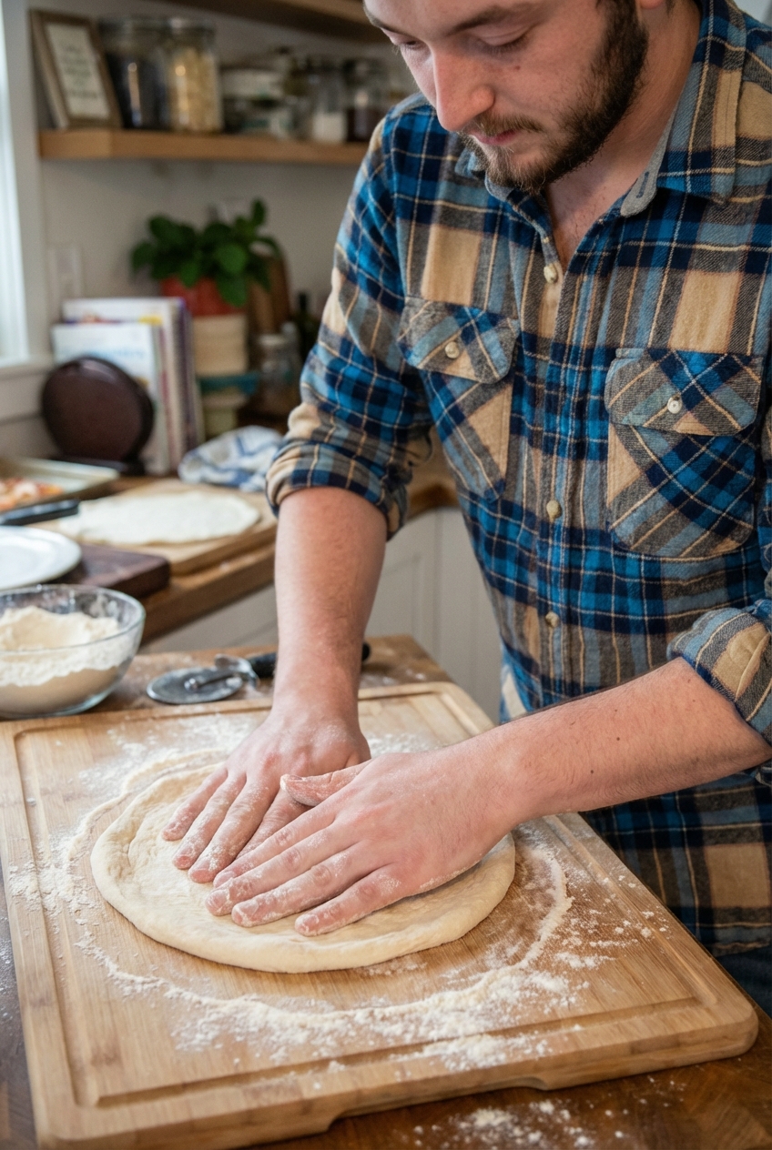 Hands stretching pizza dough into a round on a floured wooden board