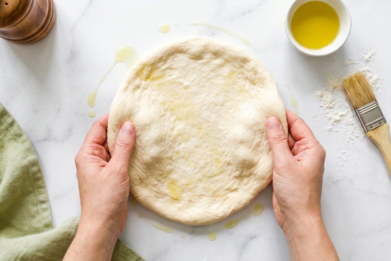 Hands stretching pizza dough on a lightly oiled surface on a kitchen counter