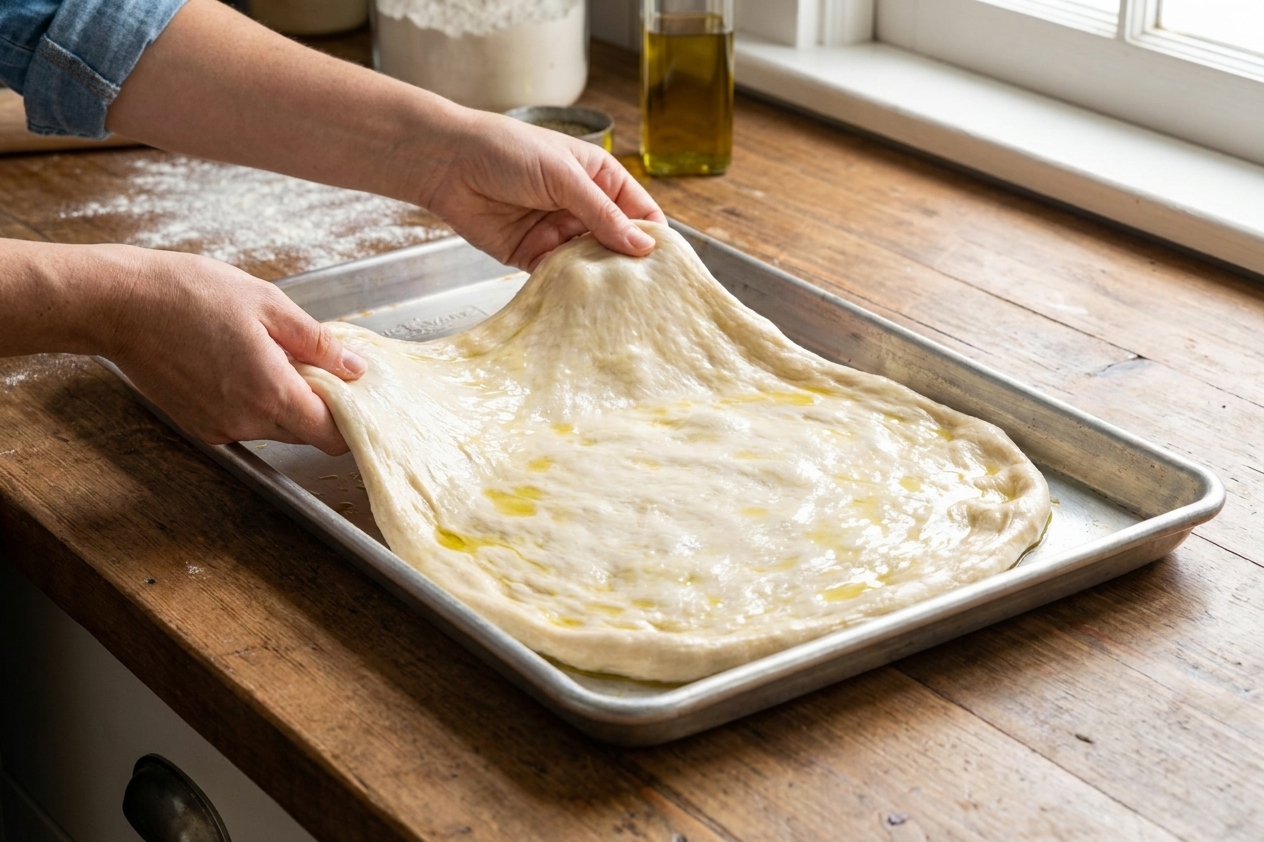 Hands stretching pizza dough to the corners of an oiled rimmed sheet pan on a kitchen counter