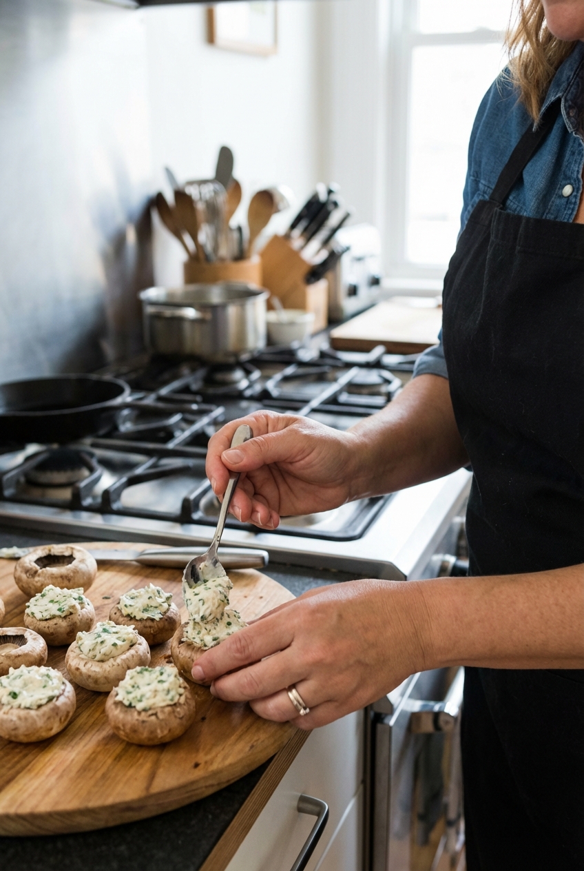 Hands stuffing mushroom caps with a creamy herb filling using a spoon on a kitchen counter