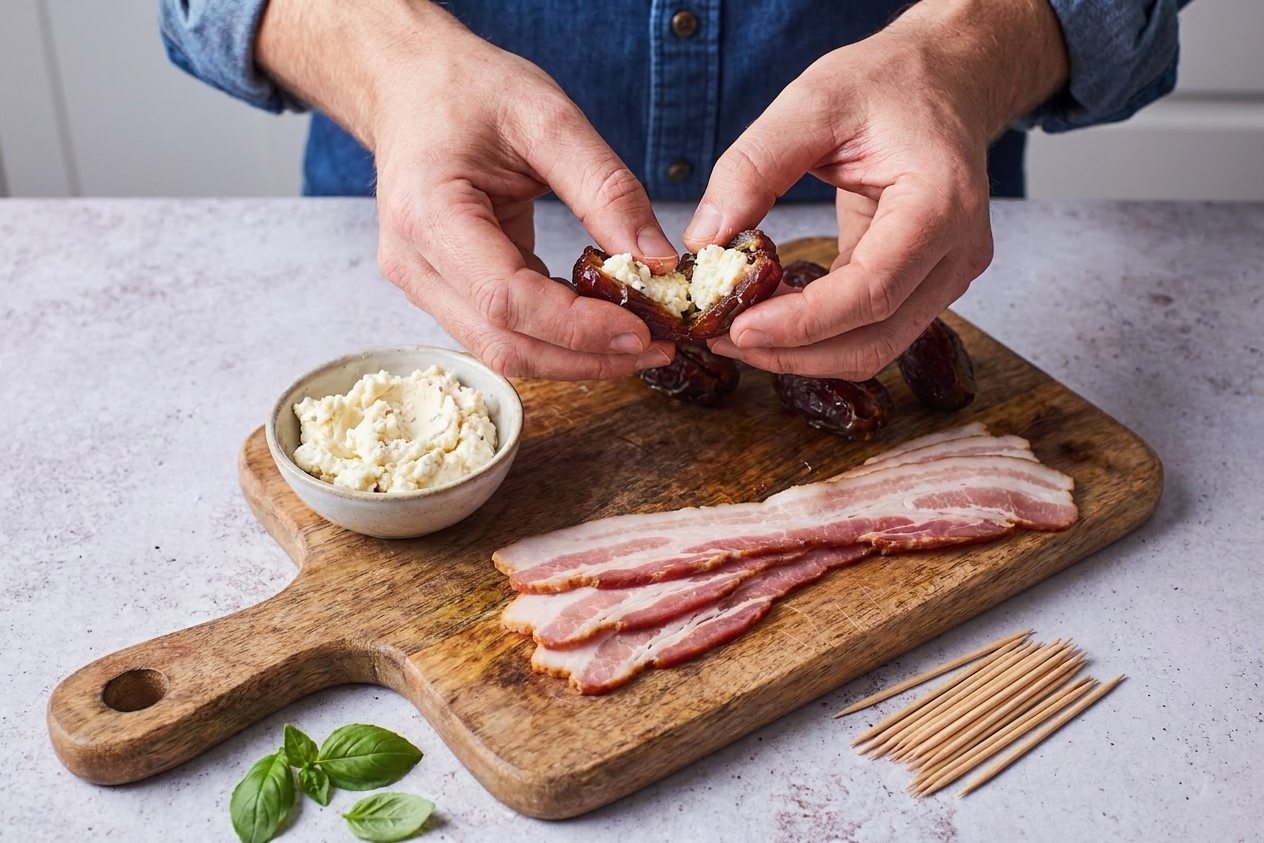 Hands stuffing split Medjool dates with creamy cheese on a cutting board, with bacon halves and toothpicks nearby on a kitchen counter