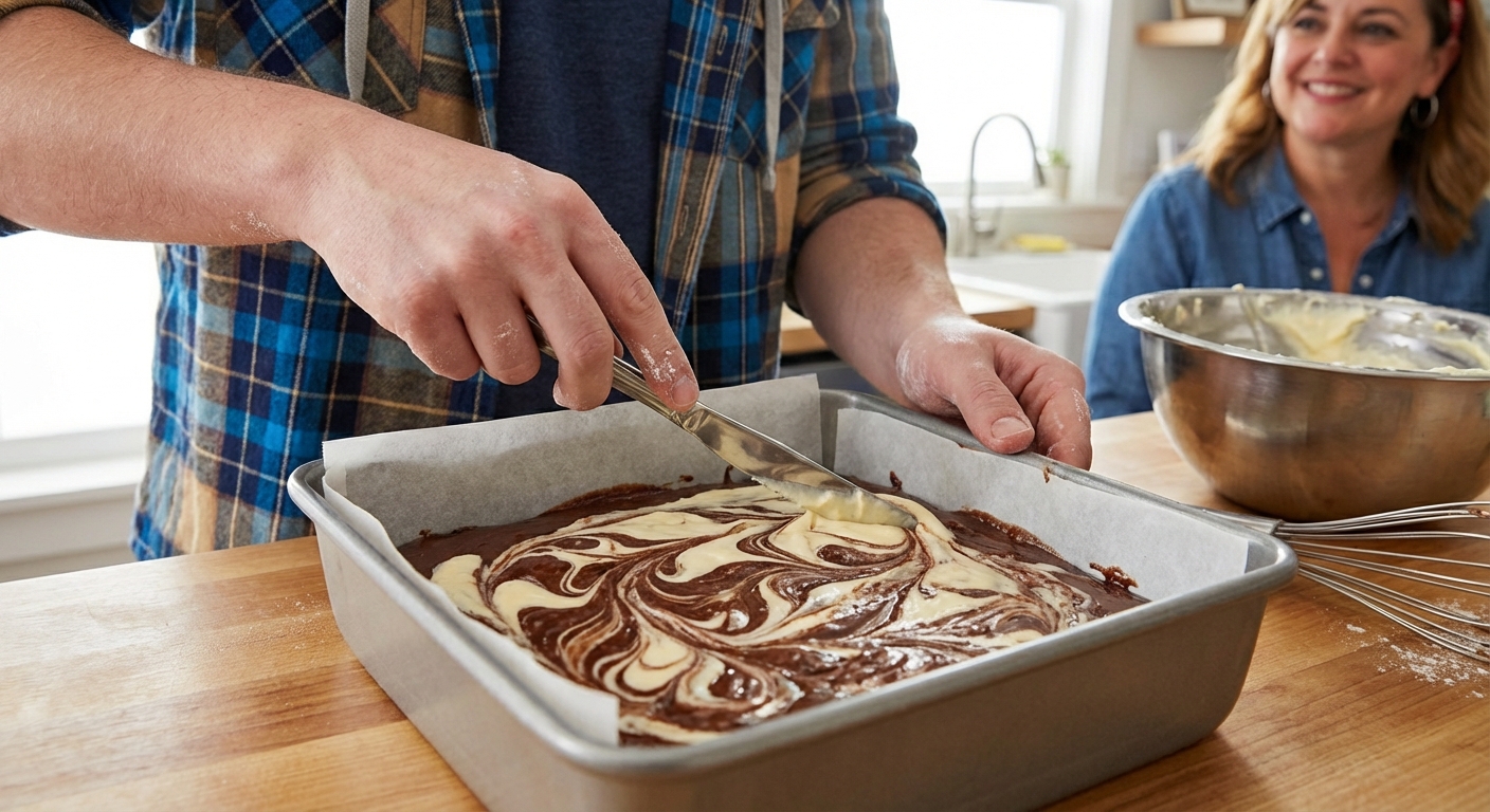 Hands swirling cheesecake mixture into brownie batter in a lined square baking pan
