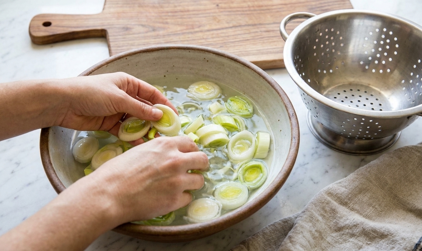 Hands swishing sliced leeks in a large bowl of cold water on a kitchen counter, with a colander nearby