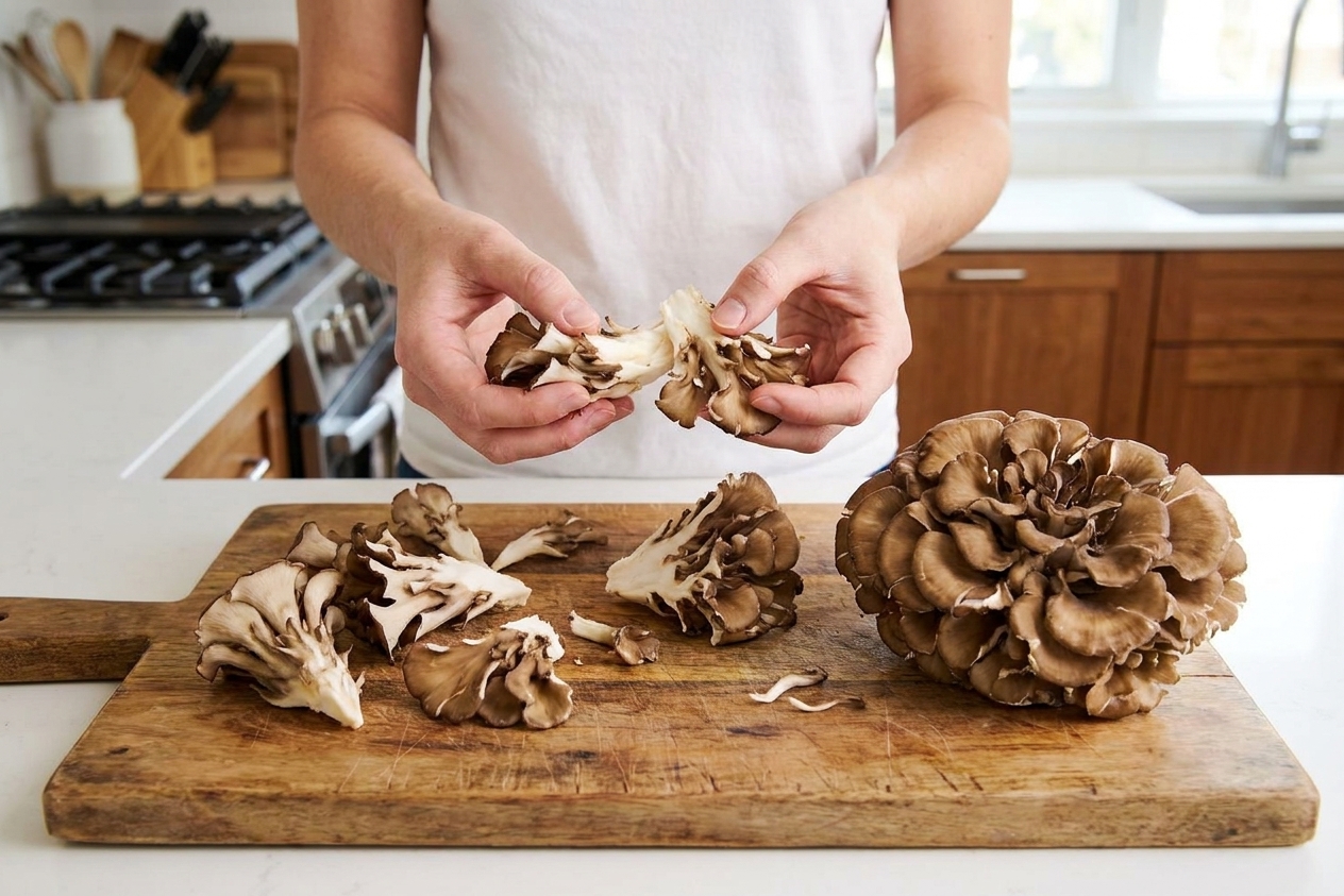 Hands tearing maitake mushrooms into large clusters on a wooden cutting board in a bright home kitchen