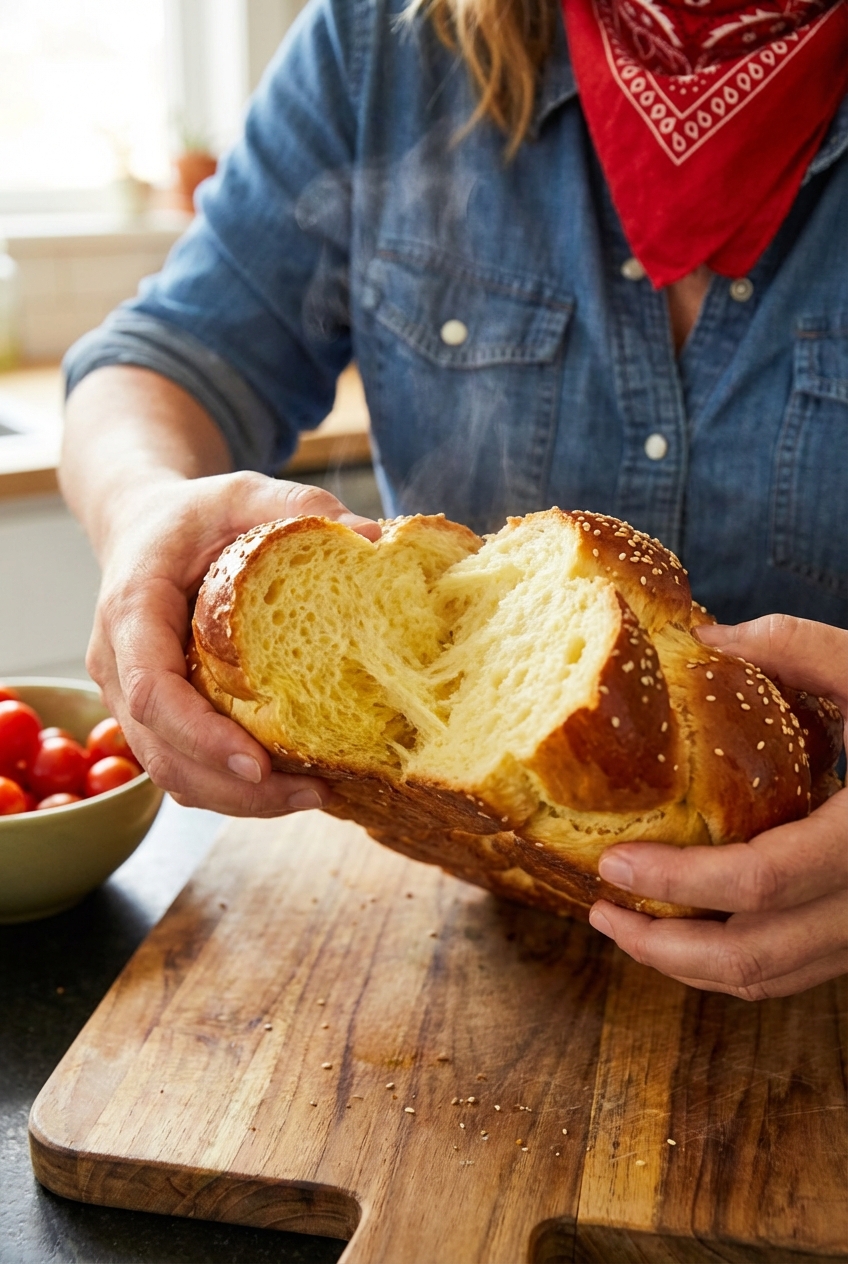 Hands tearing open a warm challah loaf to show the soft, fluffy crumb