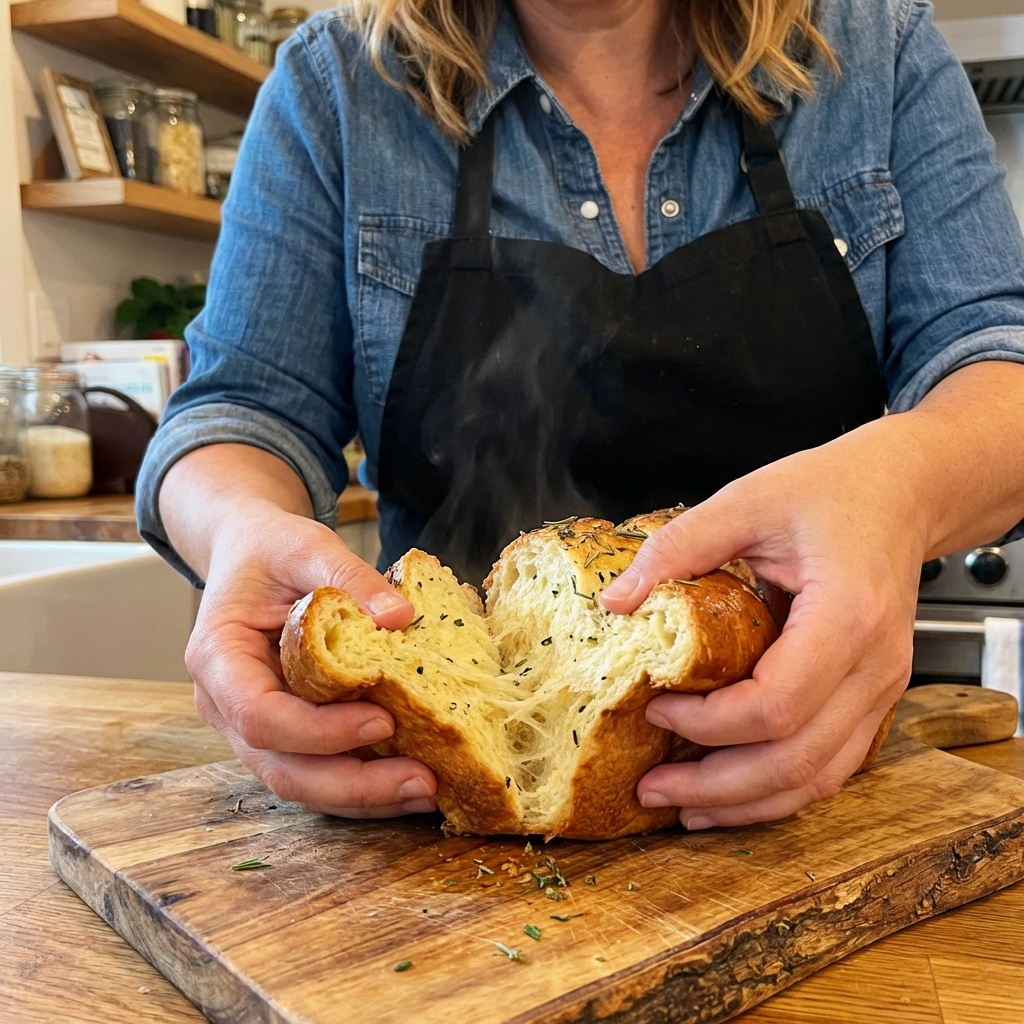 Hands tearing open a warm slice of savory brioche showing a soft, stretchy crumb dotted with herbs
