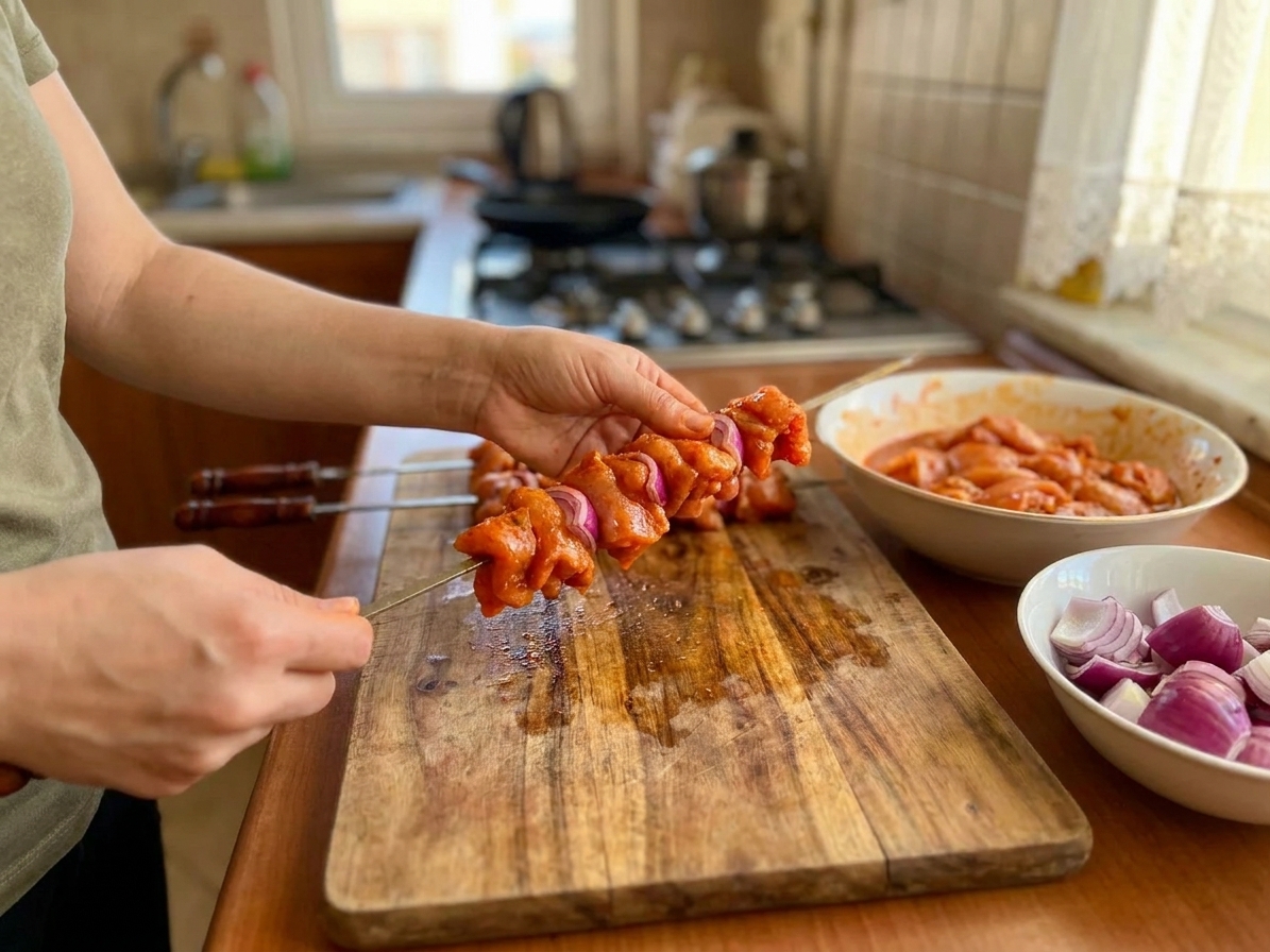 Hands threading marinated chicken and red onion pieces onto metal skewers on a cutting board in a home kitchen