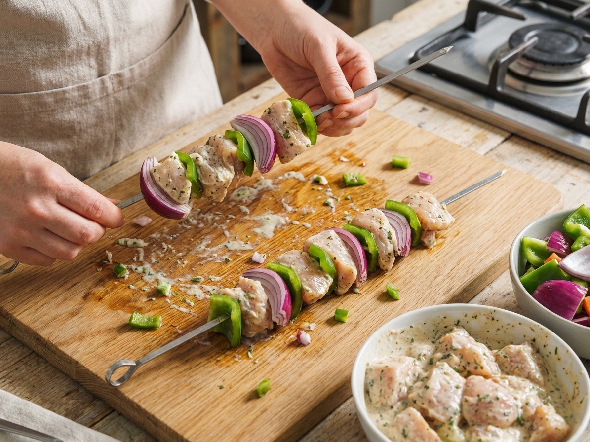 Hands threading marinated chicken pieces onto metal skewers on a cutting board beside chunks of red onion and bell pepper