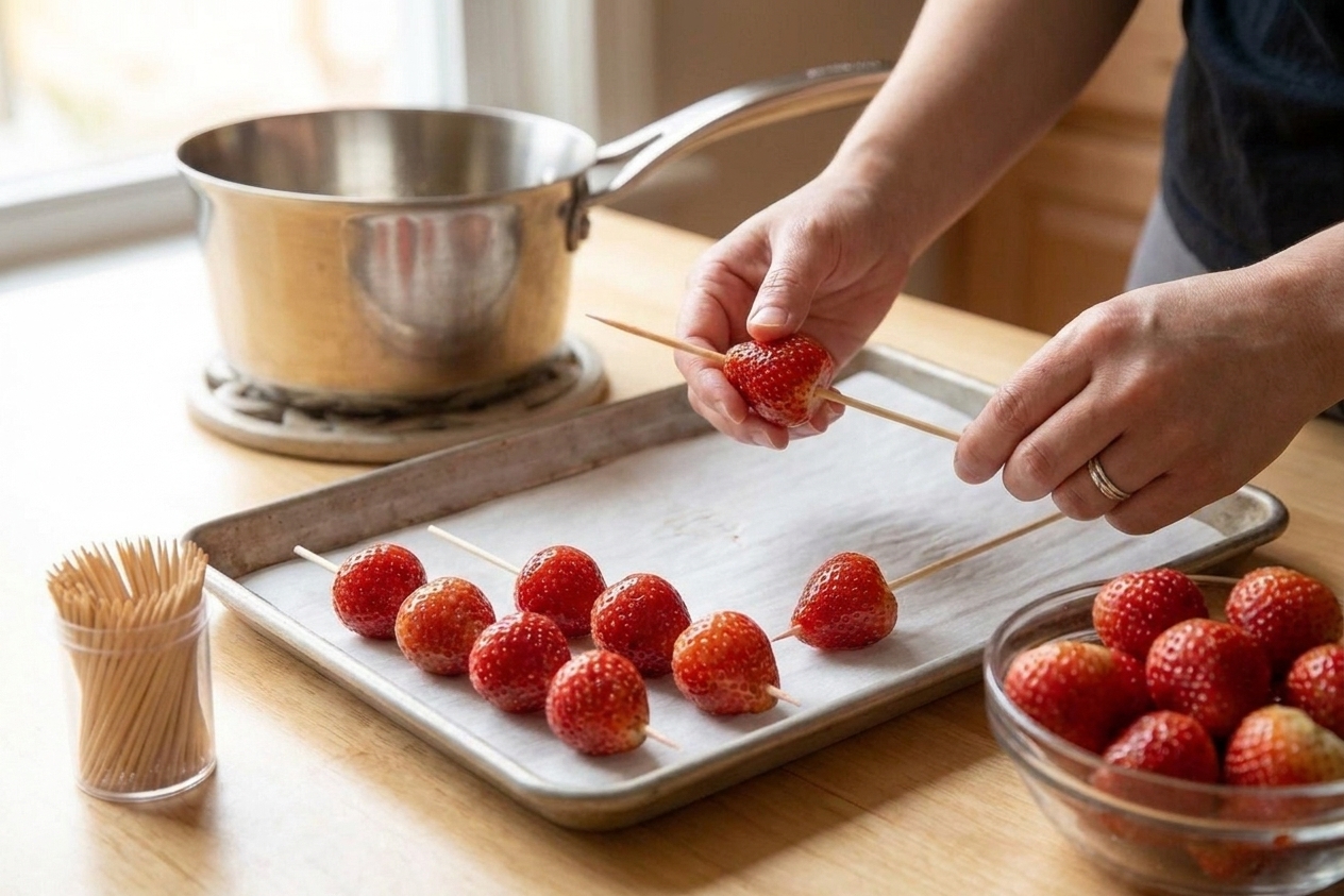 Hands threading strawberries onto wooden skewers over a parchment-lined baking sheet