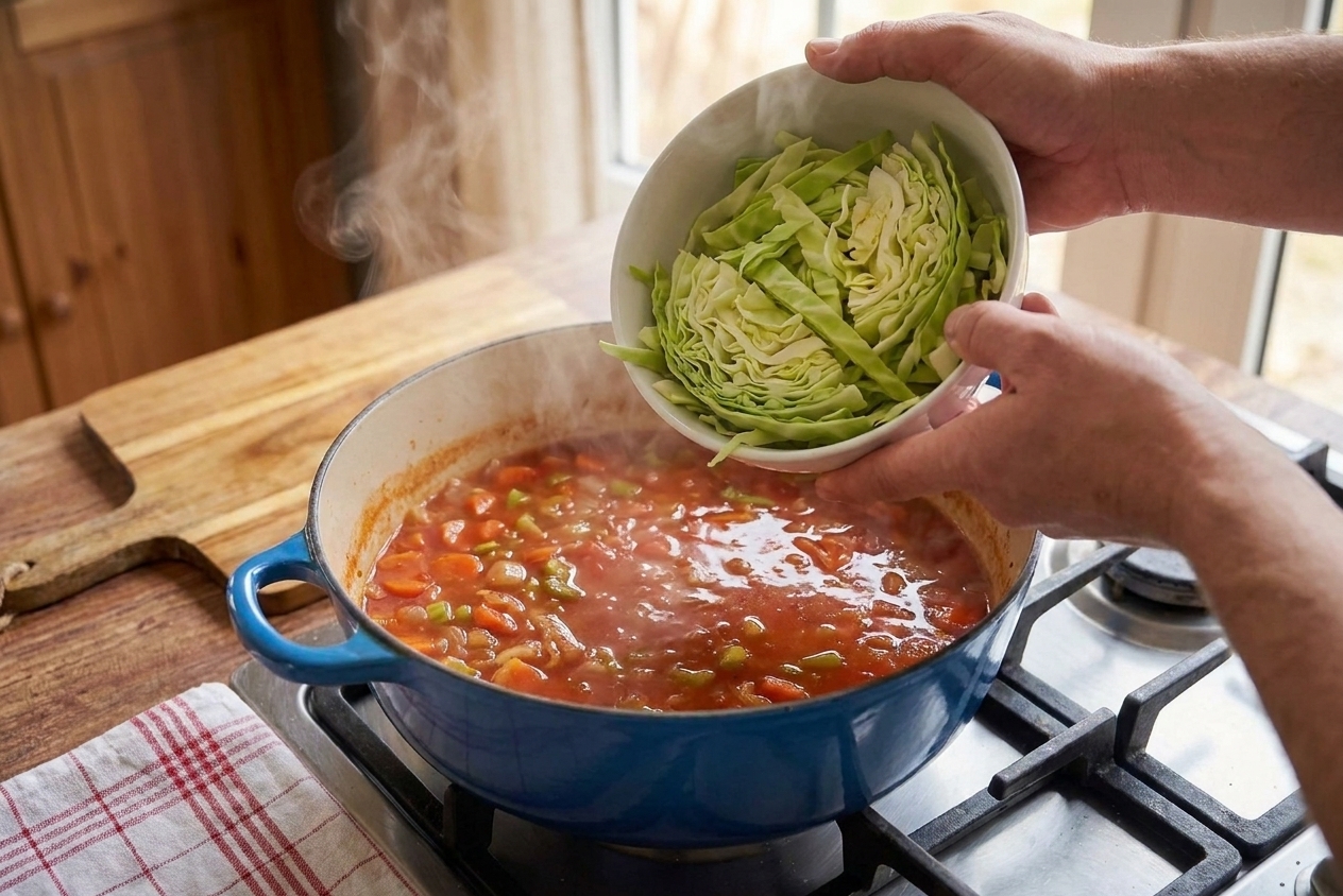 Hands tipping a bowl of sliced cabbage into a simmering tomato broth in a large pot on the stove, steam rising in warm kitchen light