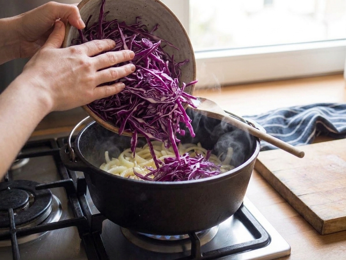 Hands tipping a pile of sliced red cabbage into a Dutch oven on the stove