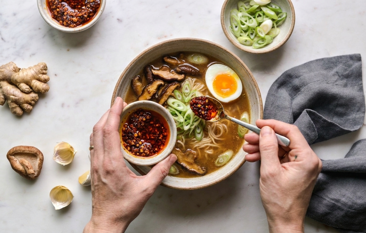 Hands topping a bowl of miso ramen with sliced scallions, a halved soft-boiled egg, and a spoonful of chili crisp on a kitchen counter