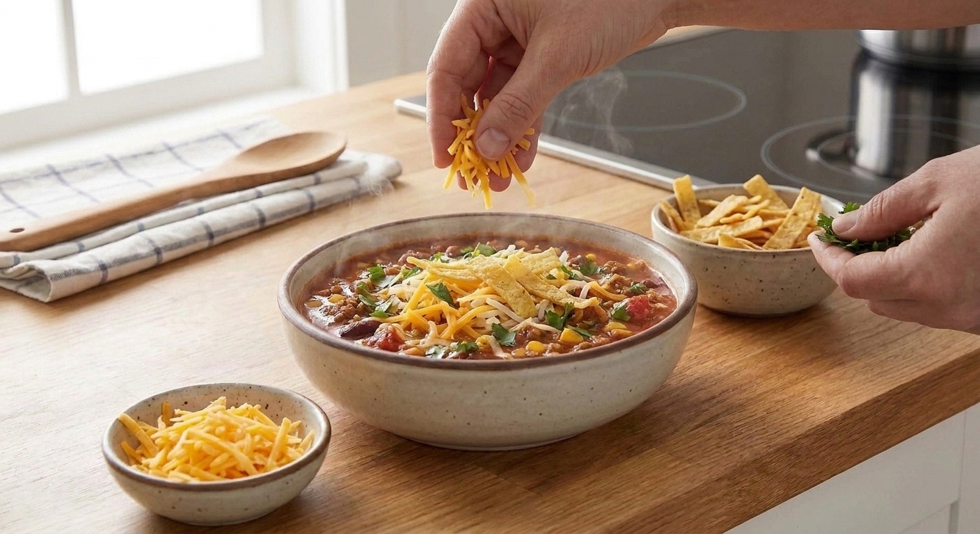 Hands topping bowls of taco soup with shredded cheese, cilantro, and tortilla strips on a kitchen counter with warm lighting