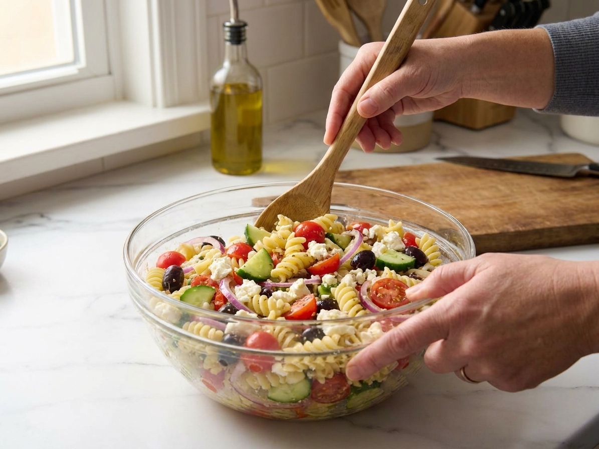 Hands tossing Greek pasta salad in a large mixing bowl with a wooden spoon and visible feta and olives