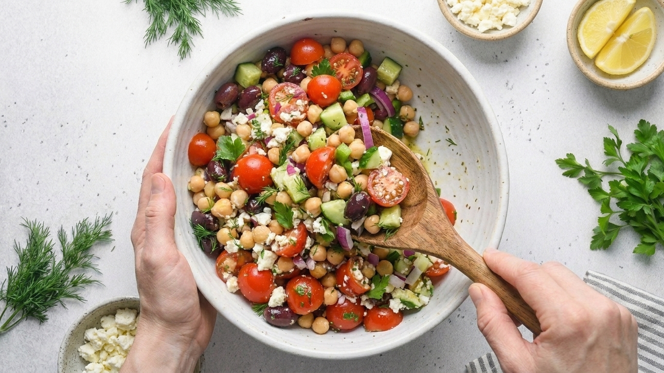 Hands tossing Mediterranean salad in a large white bowl with a wooden spoon, showing cucumbers, tomatoes, chickpeas, olives, and feta