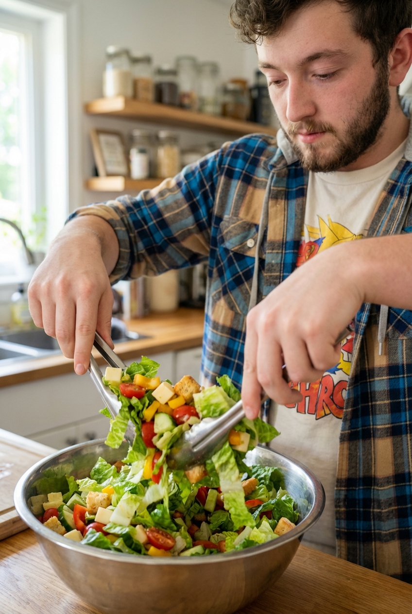Hands tossing a chopped salad in a large stainless steel bowl with salad tongs