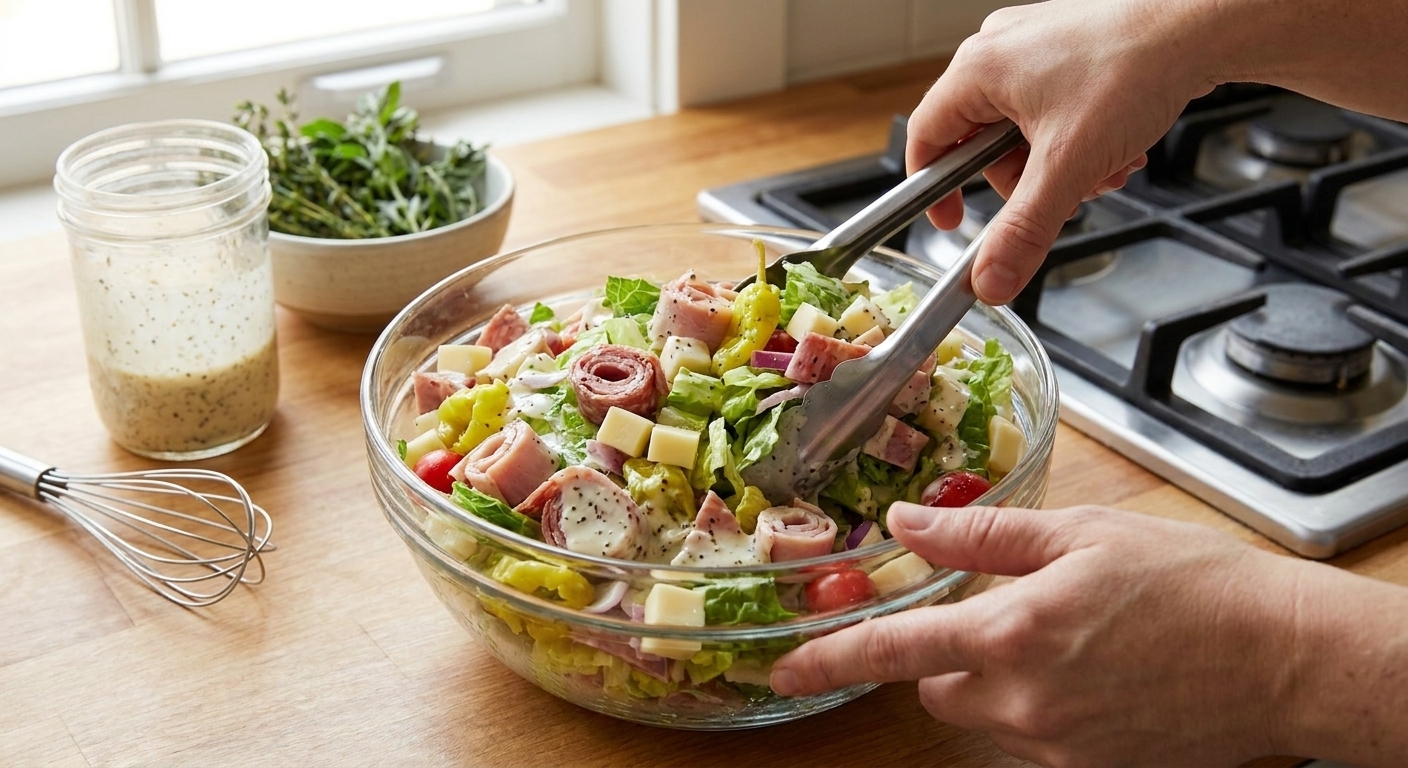 Hands tossing a large bowl of grinder salad with romaine, deli meats, provolone, and creamy dressing using salad tongs on a bright kitchen counter