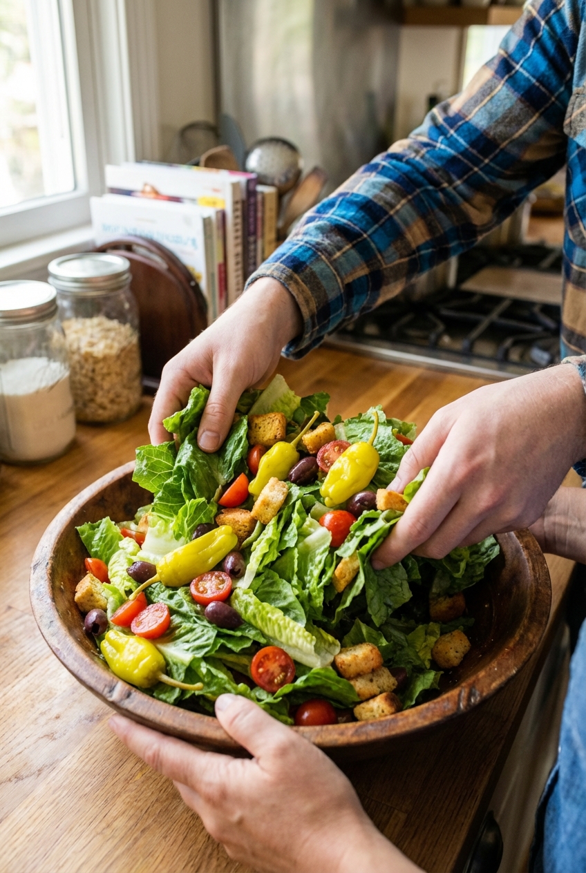 Hands tossing a romaine salad with tomatoes, olives, pepperoncini, and croutons in a large bowl