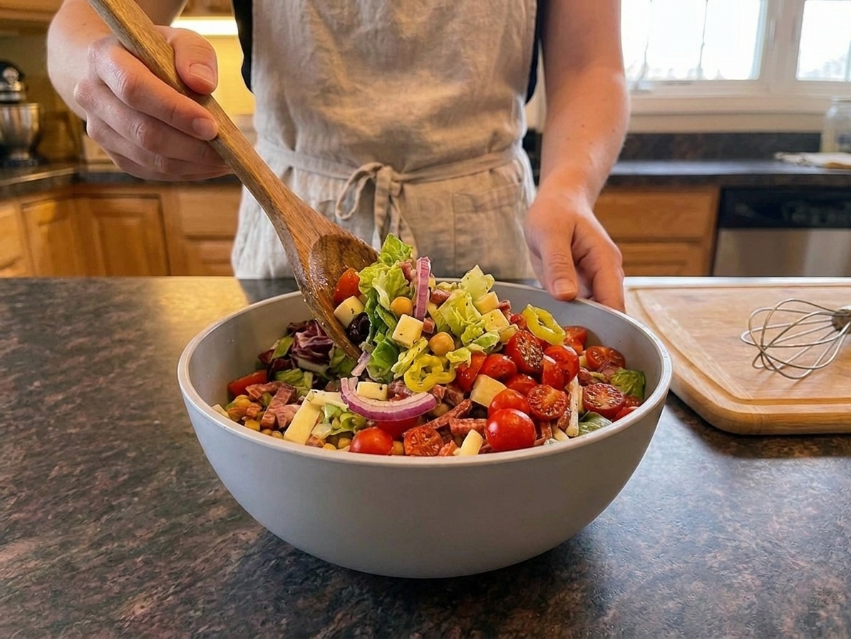 Hands tossing an Italian chopped salad in a large white bowl with a wooden spoon on a kitchen counter