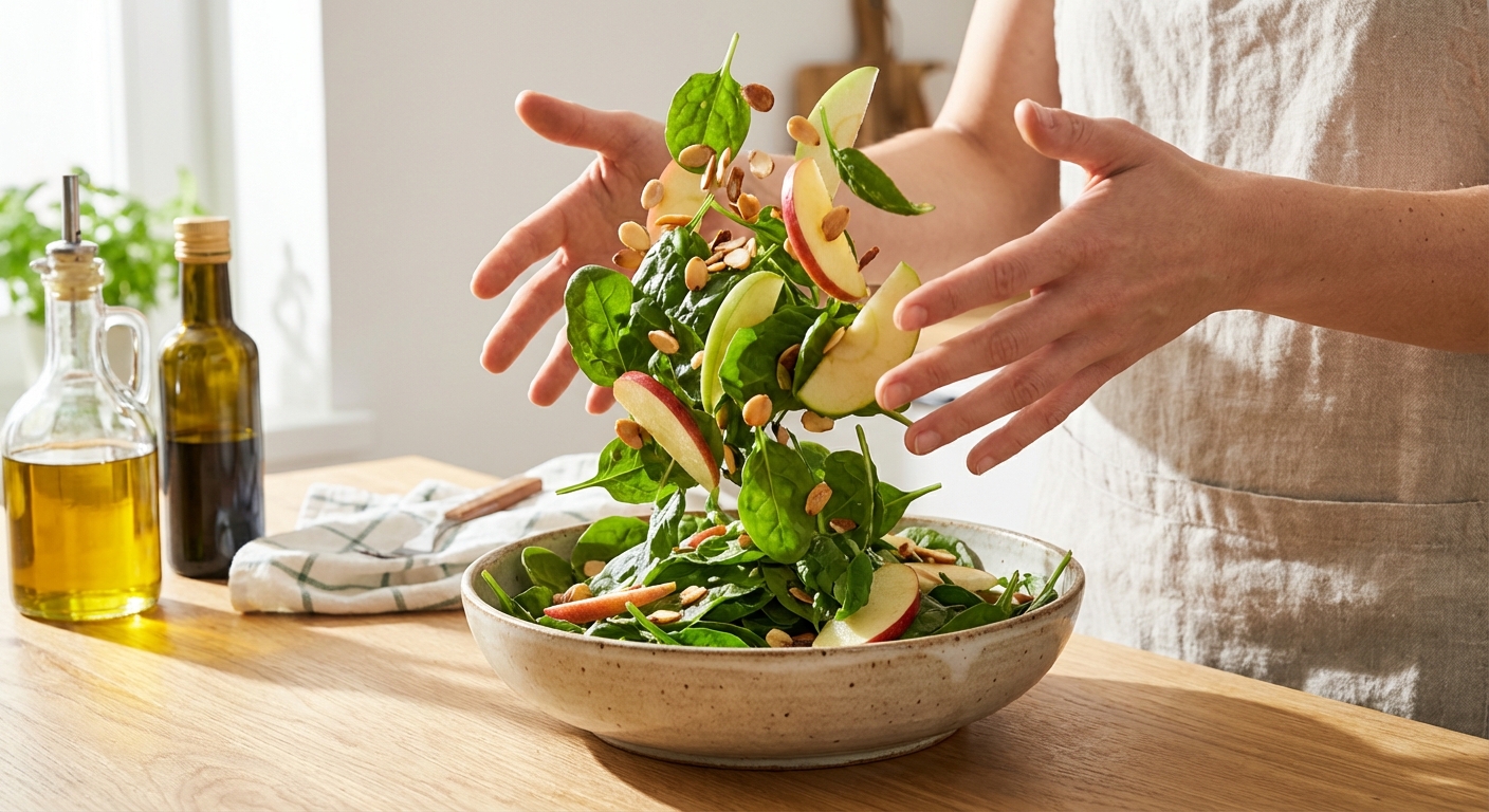 Hands tossing baby spinach salad in a large bowl with apple slices and toasted almonds in a bright kitchen