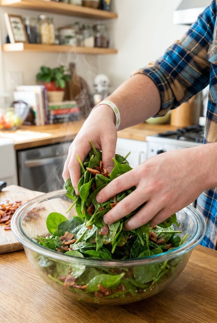 Hands tossing baby spinach with warm vinaigrette in a large mixing bowl
