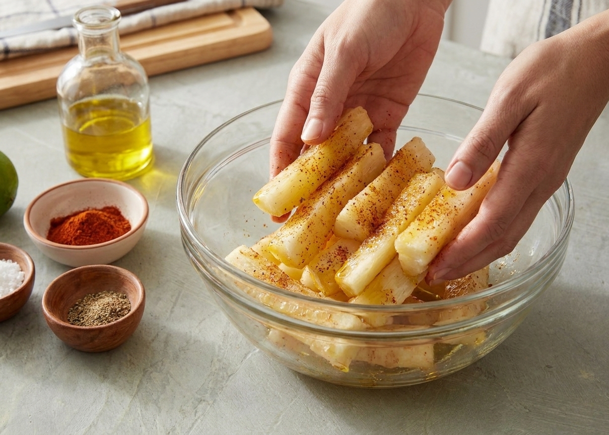 Hands tossing boiled yuca pieces with oil and spices in a large mixing bowl on a kitchen counter