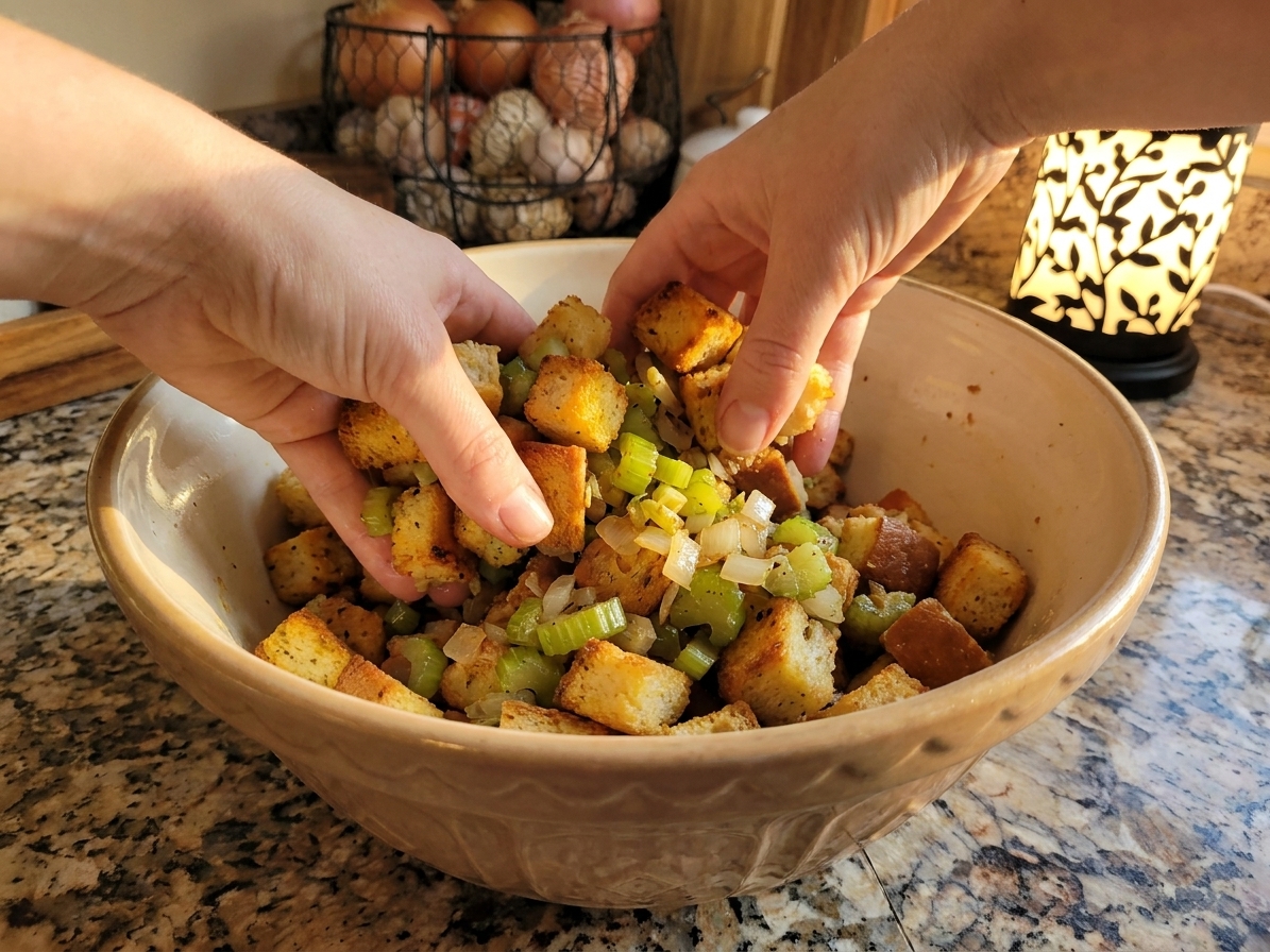 Hands tossing bread cubes with sautéed celery and onion in a large mixing bowl on a kitchen counter