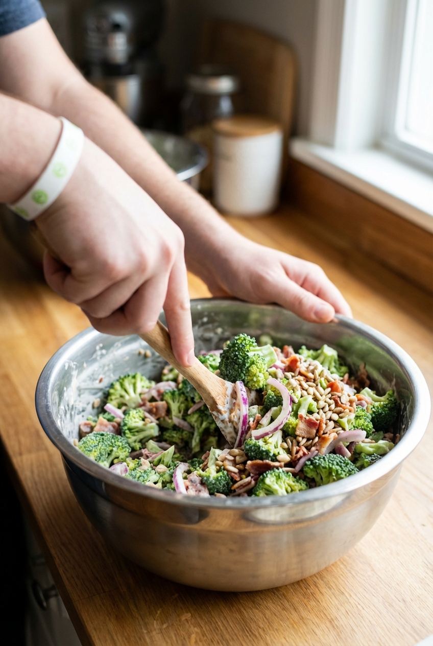 Hands tossing broccoli salad in a large stainless steel mixing bowl with a wooden spoon