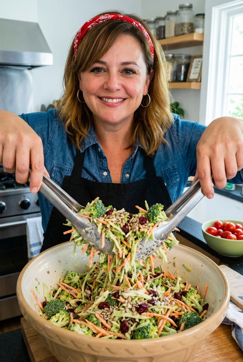Hands tossing broccoli slaw in a large mixing bowl with creamy dressing