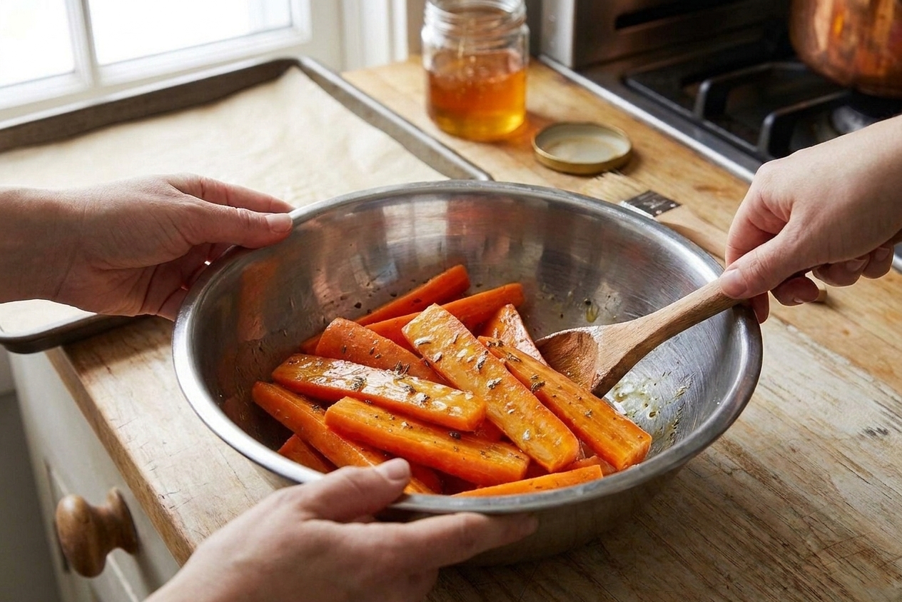 Hands tossing carrot sticks with honey and melted butter in a stainless steel mixing bowl on a home kitchen counter