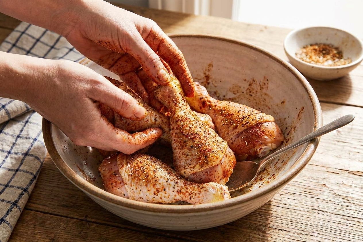 Hands tossing chicken drumsticks with a smoky spice rub in a large mixing bowl on a kitchen counter