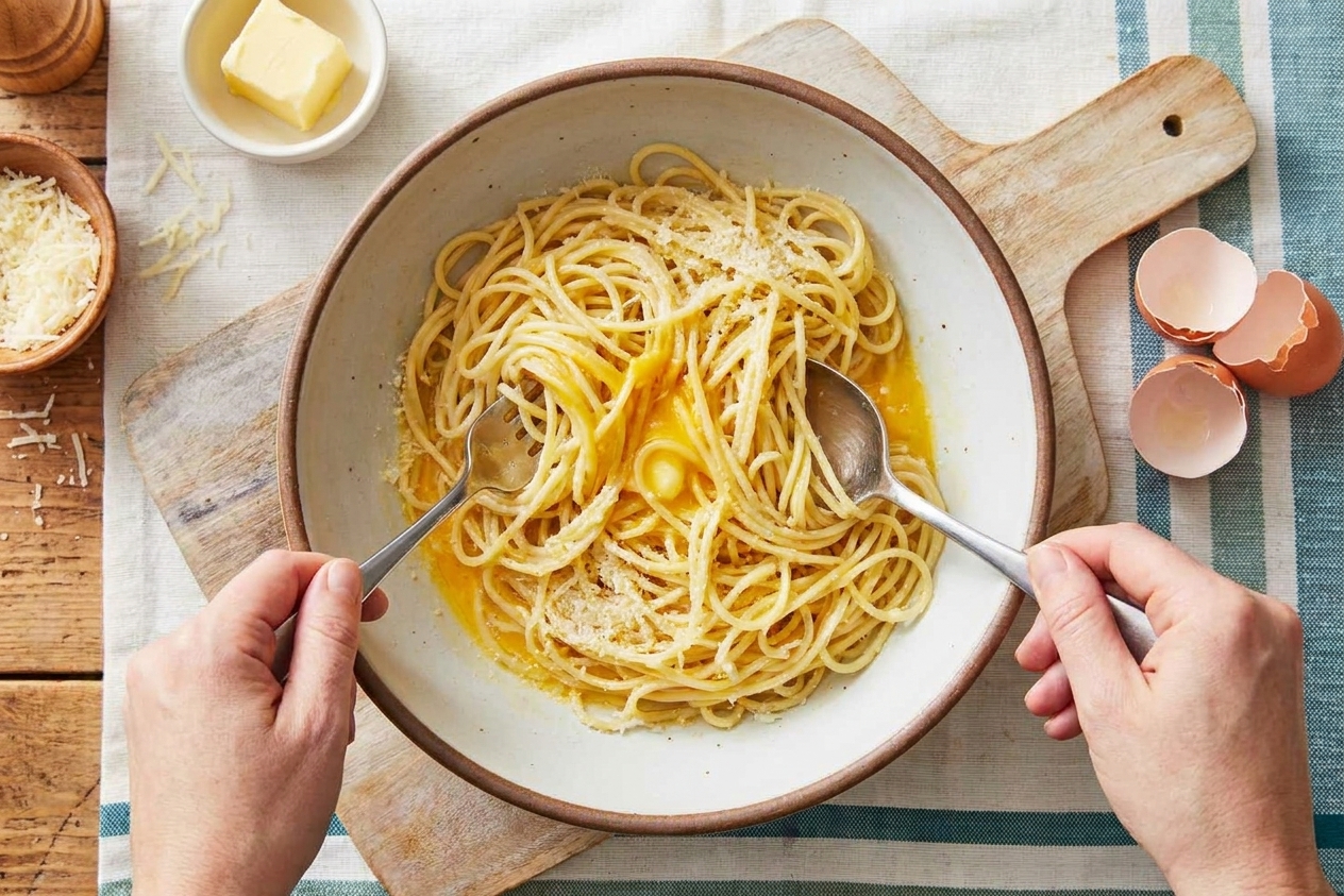 Hands tossing cooked spaghetti with eggs, parmesan, and melted butter in a large mixing bowl on a kitchen counter