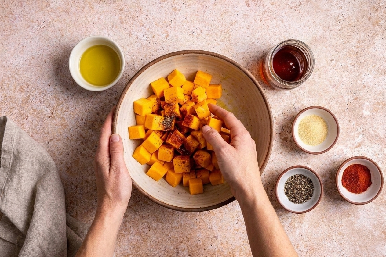 Hands tossing cubed butternut squash with olive oil and spices in a large mixing bowl on a kitchen counter