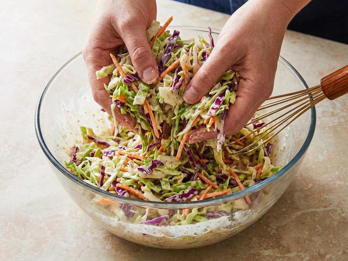 Hands tossing finely chopped cabbage and carrots with creamy dressing in a large mixing bowl in a bright home kitchen