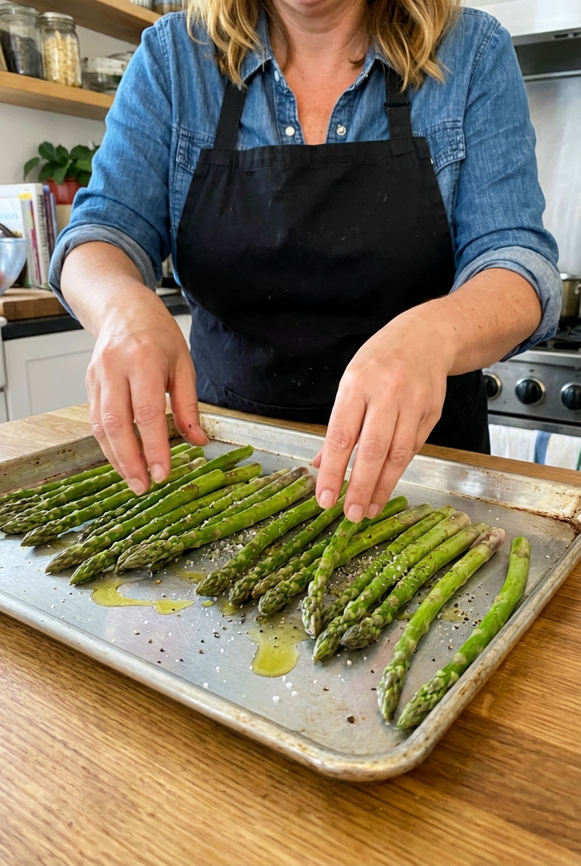 Hands tossing fresh asparagus spears with olive oil, salt, and pepper on a rimmed baking sheet