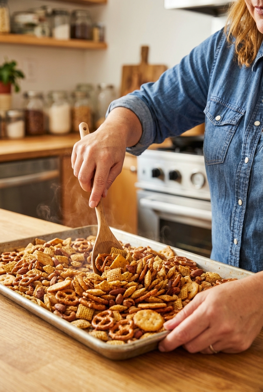 Hands tossing freshly baked savory Chex mix on a baking sheet with a wooden spoon