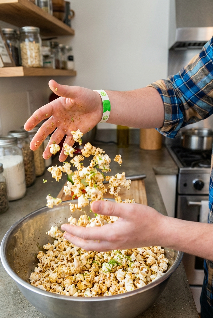 Hands tossing freshly seasoned kettle corn in a large bowl with visible lime zest