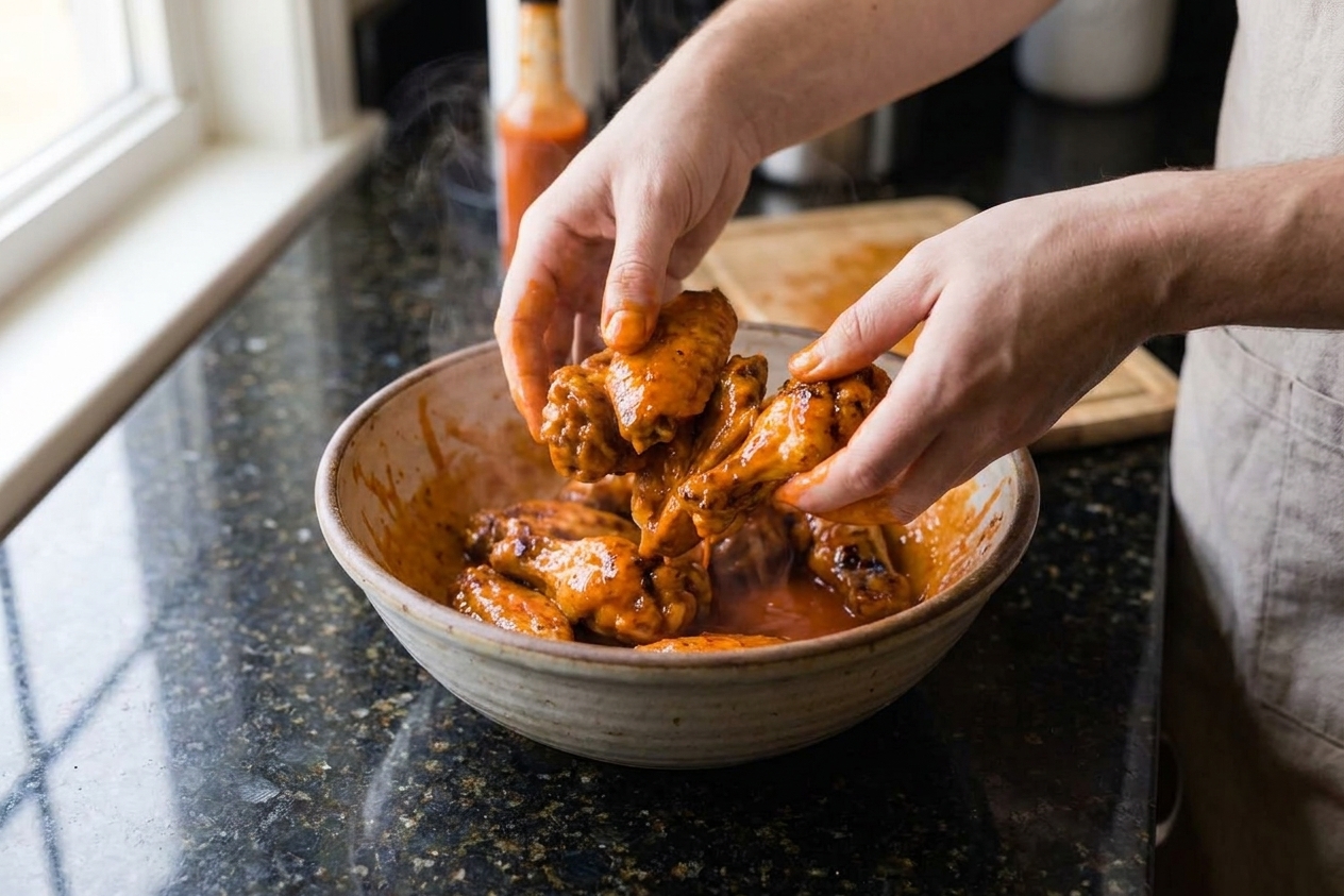 Hands tossing hot grilled chicken wings in a large bowl with glossy orange-red sauce on a kitchen counter