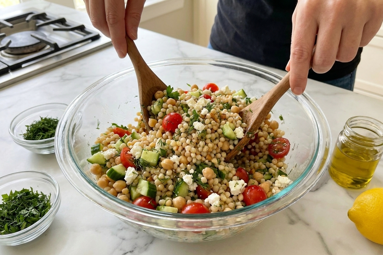 Hands tossing pearl couscous salad in a large mixing bowl with chickpeas, cucumber, tomatoes, herbs, and feta on a kitchen counter
