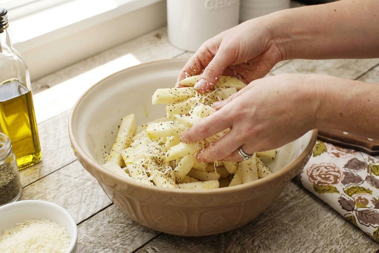Hands tossing peeled kohlrabi fries with olive oil, spices, and grated Parmesan in a large mixing bowl on a home kitchen counter