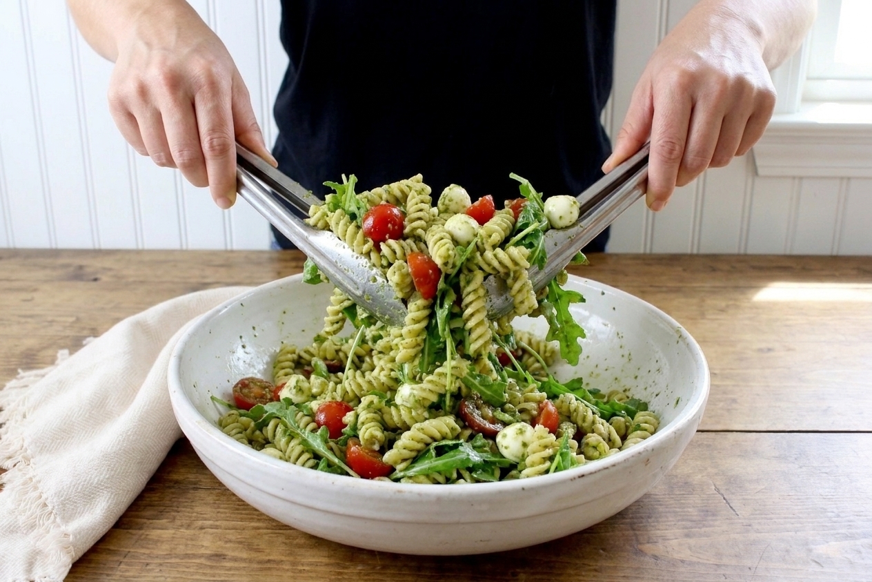 Hands tossing pesto pasta salad in a large white bowl with tongs on a home kitchen counter, with cherry tomatoes and arugula visible