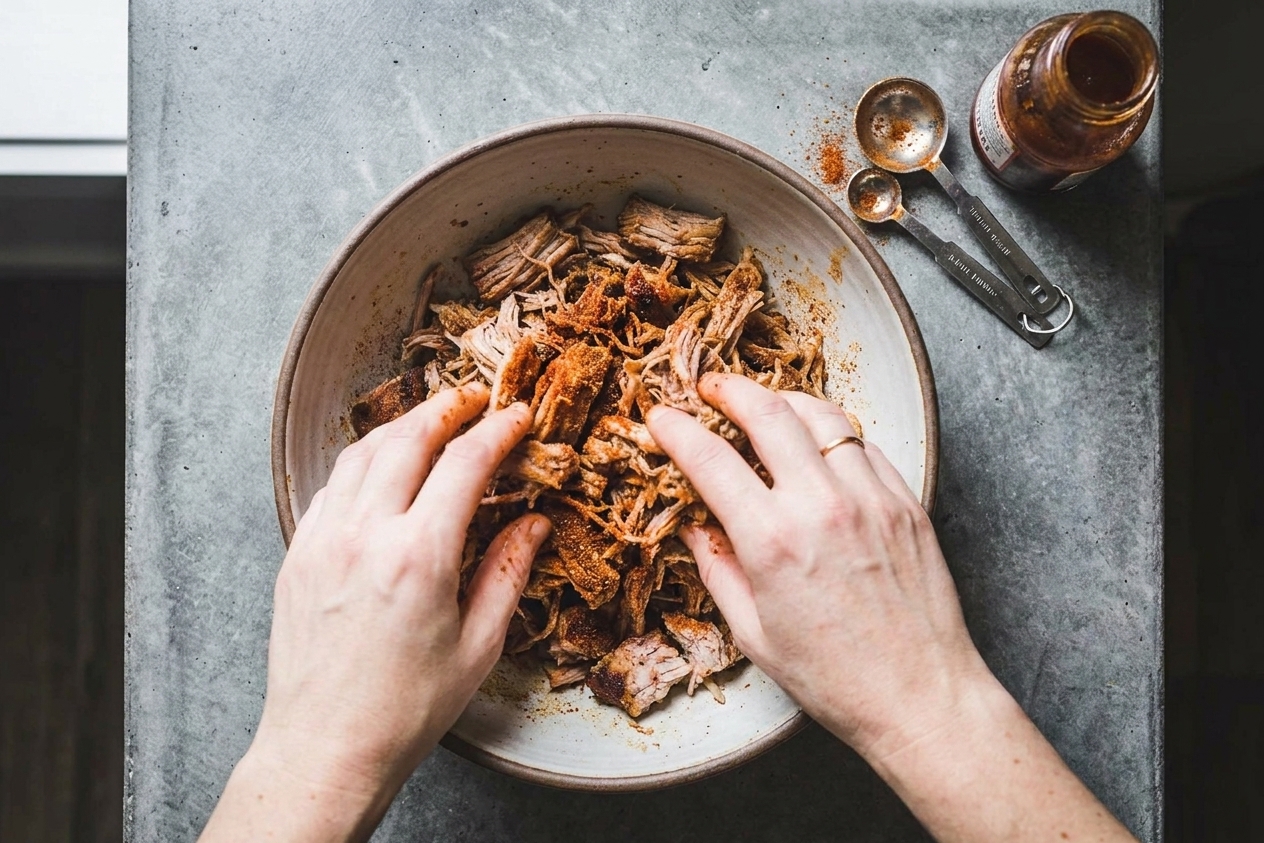 Hands tossing pulled pork with spices in a mixing bowl on a kitchen counter, with measuring spoons and a small bottle of barbecue sauce nearby