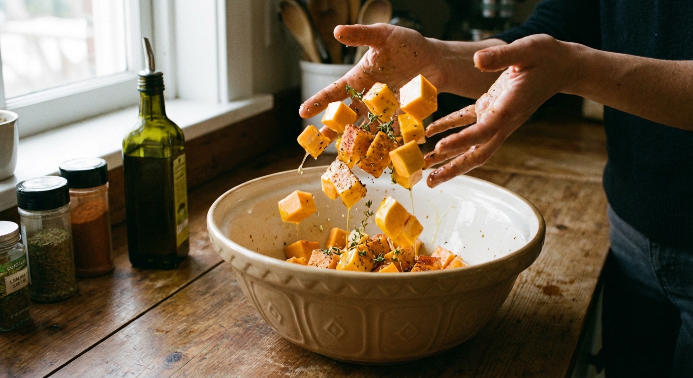 Hands tossing raw butternut squash cubes with olive oil, salt, and spices in a large mixing bowl
